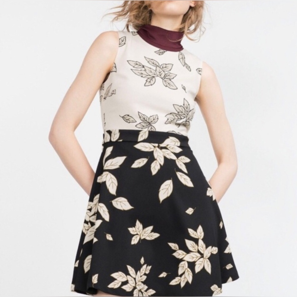 Zara Leaf Print Dress Black and White XS - Picture 3 of 8